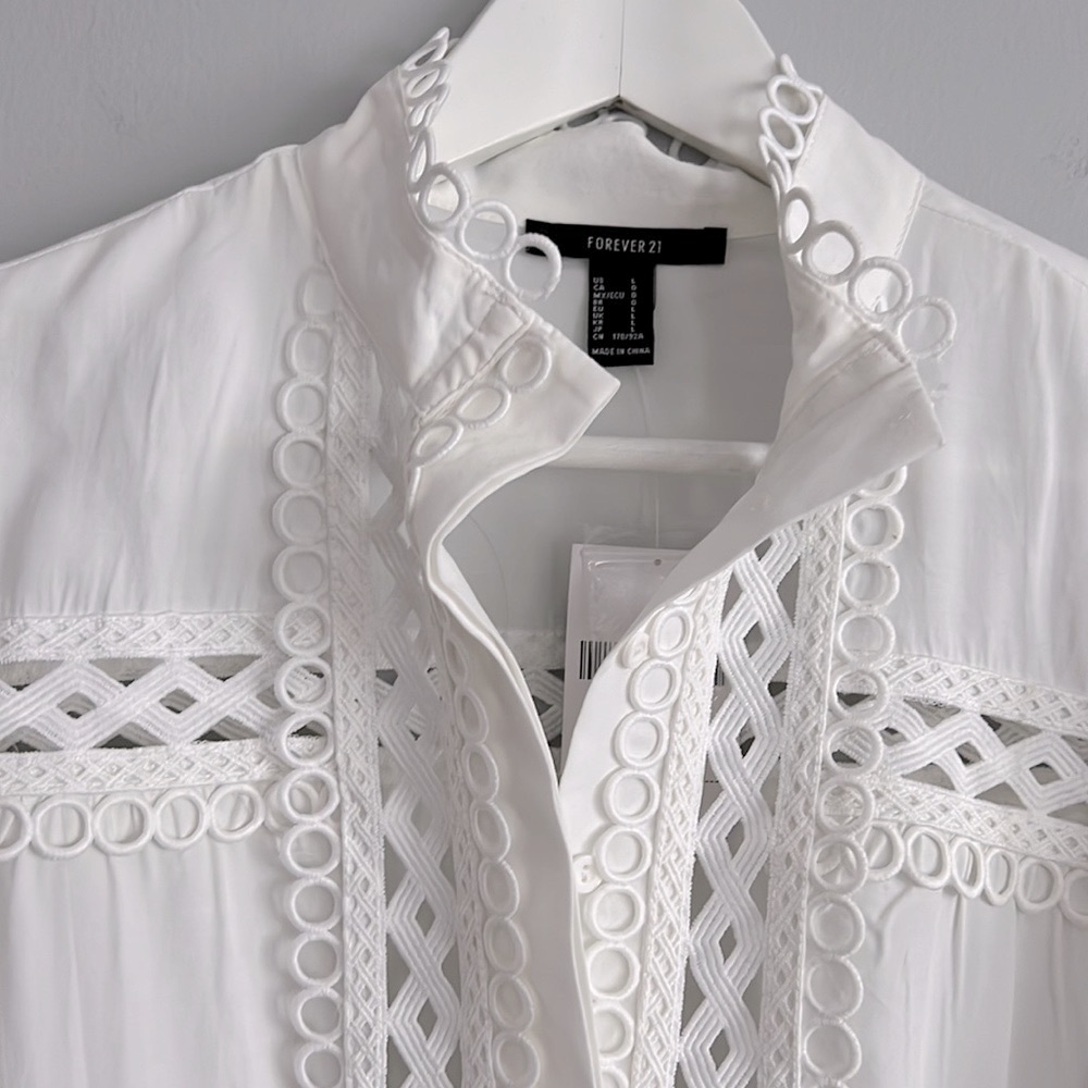 F21 Forever 21 Crochet Woven Lace Cutout Ivory White Blouse Womens L Large 8